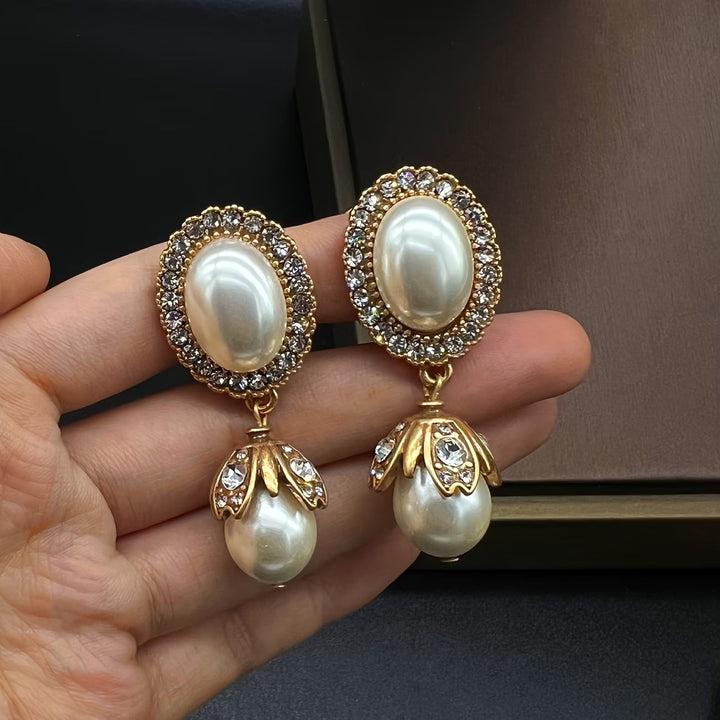 Vintage Frame Pearl Drop Earrings