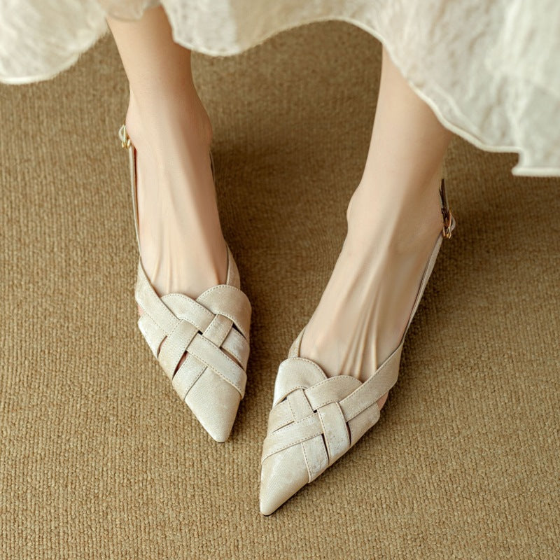 Women's woven leather slingback heels, front view