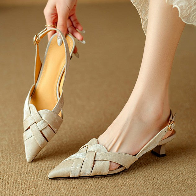 Woven leather slingback pump, top-down toe detail