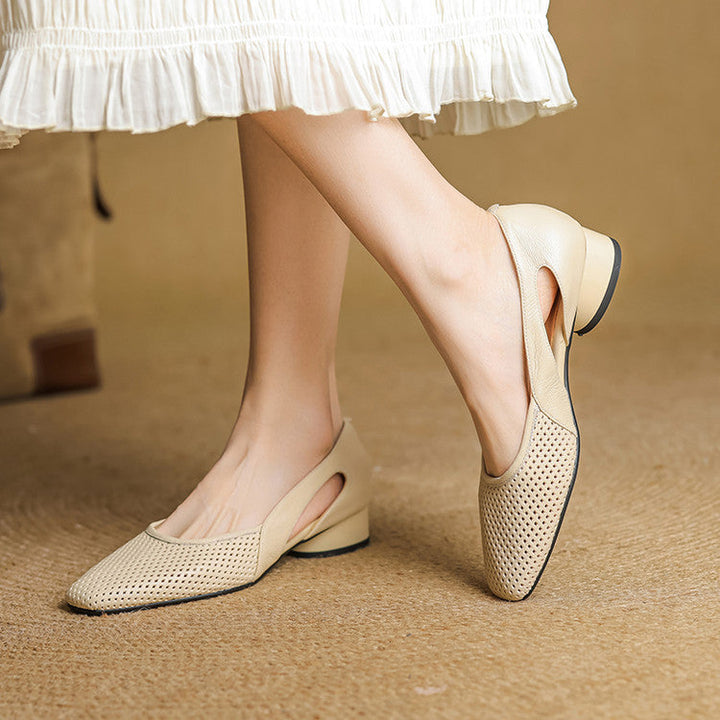 Ivory Sand perforated lambskin square-toe heel, three-quarter view