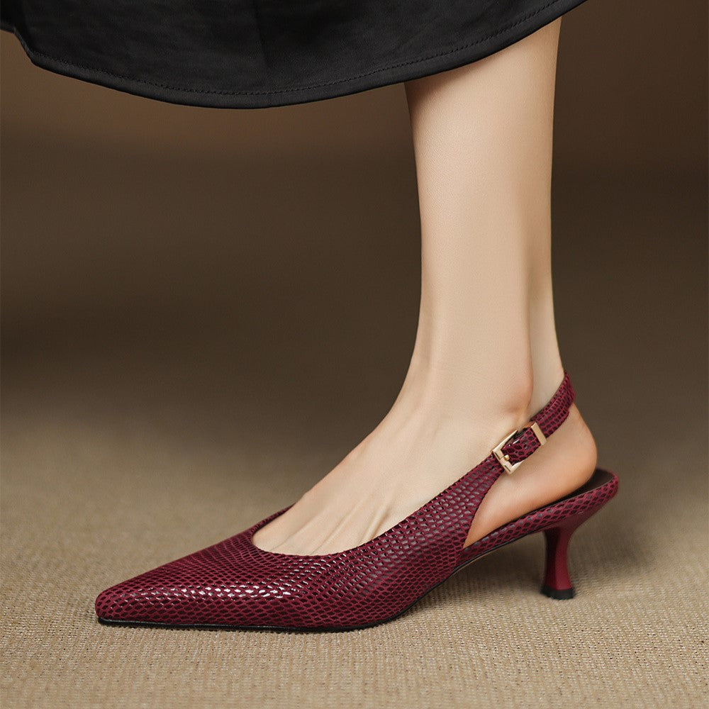 Garnet Wine pointed leather slingback heel with adjustable strap, three-quarter view