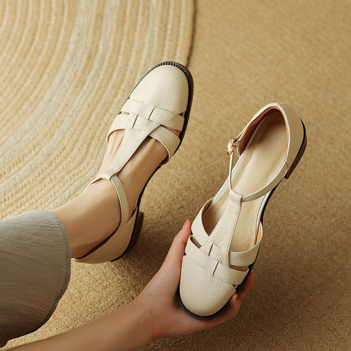 Chestnut Brown Geraldine T-bar heels styled for the office