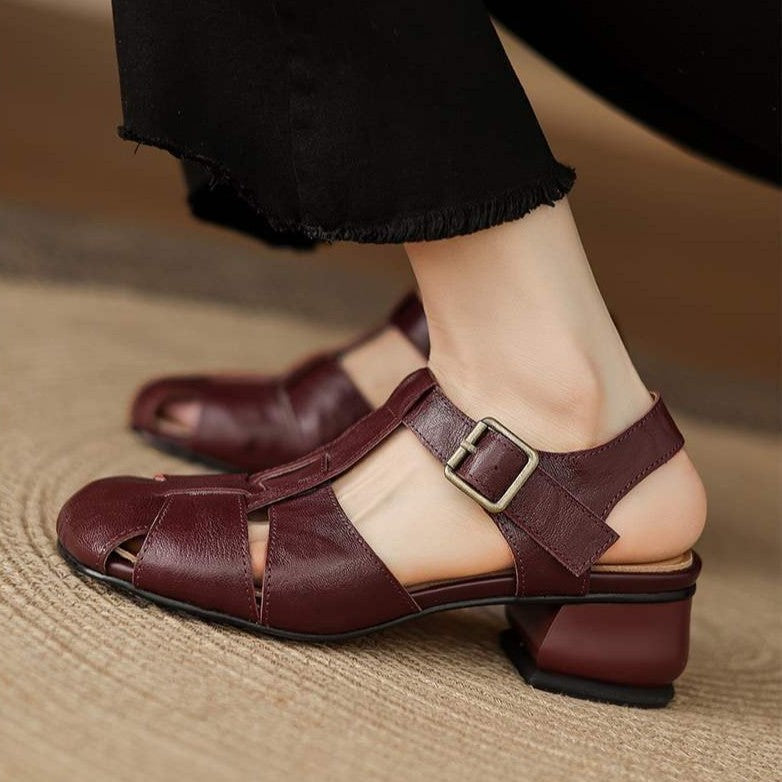 Ivory Sand leather T-bar slingback heel, side view of low heel