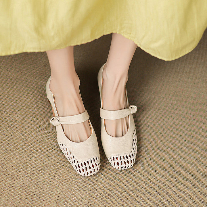 Woven leather Mary-Jane, back view showing the low heel