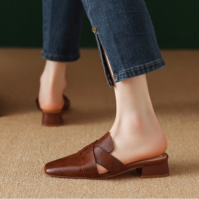 Vivienne square-toe cross-strap leather mule, three-quarter view