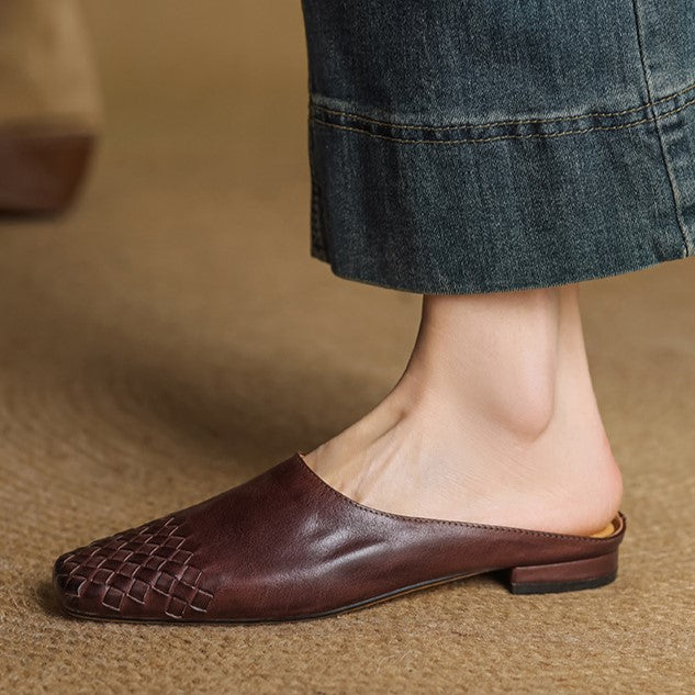 Espresso Brown full-grain leather mule with woven front, three-quarter view