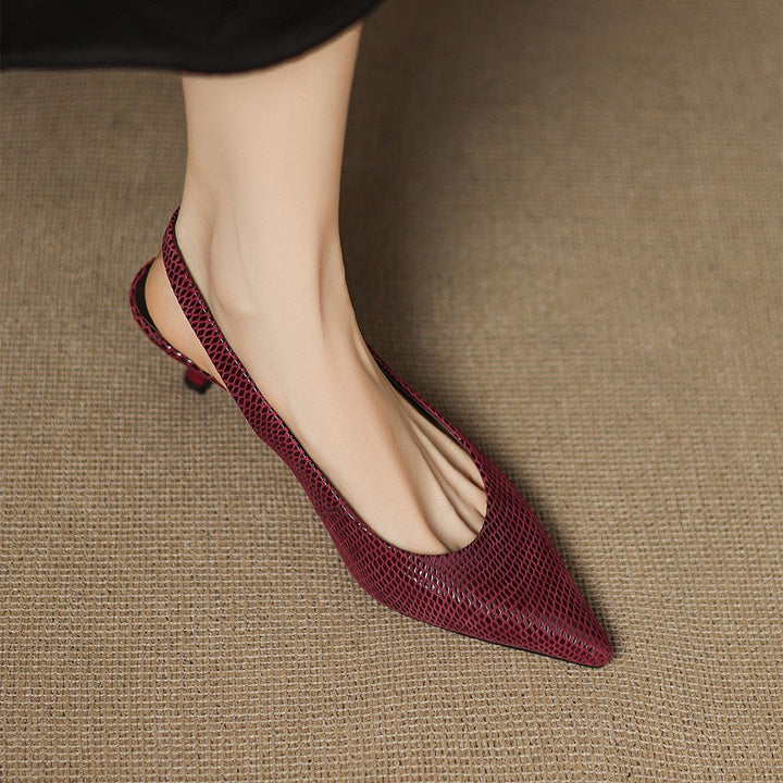 Evangeline leather slingback heels, close-up of sculpted pointed toe