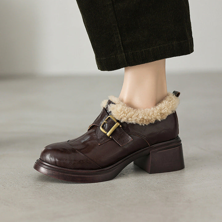 Oxford Brown leather oxford heel with buckle and shearling, three-quarter view