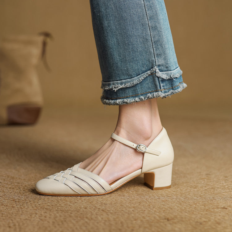 Soft Ivory woven leather heel with ankle strap, three-quarter view
