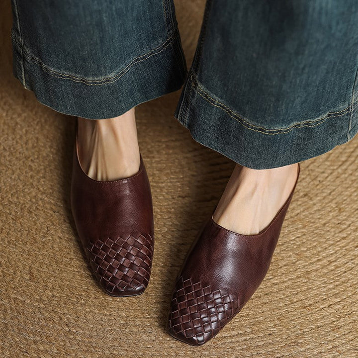Meredith mules, close-up of woven leather detail