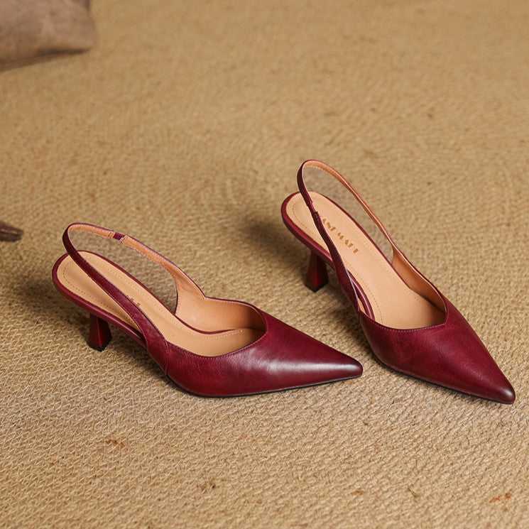 Pointed leather slingback heels, top view of Bordeaux Rouge pair