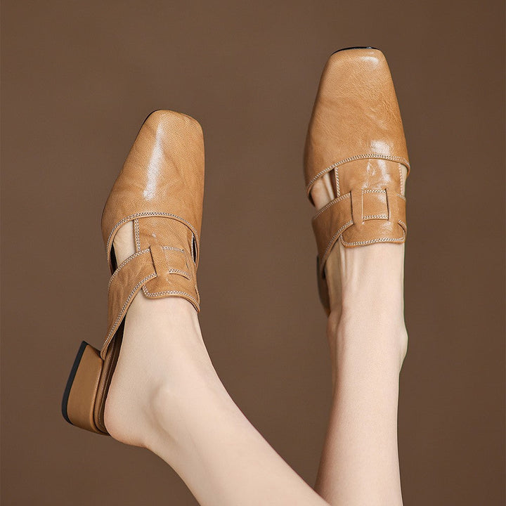 Women's square-toe leather mules, front view