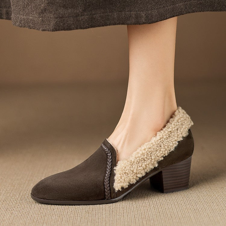 Dolores heels, close-up of plush shearling lining