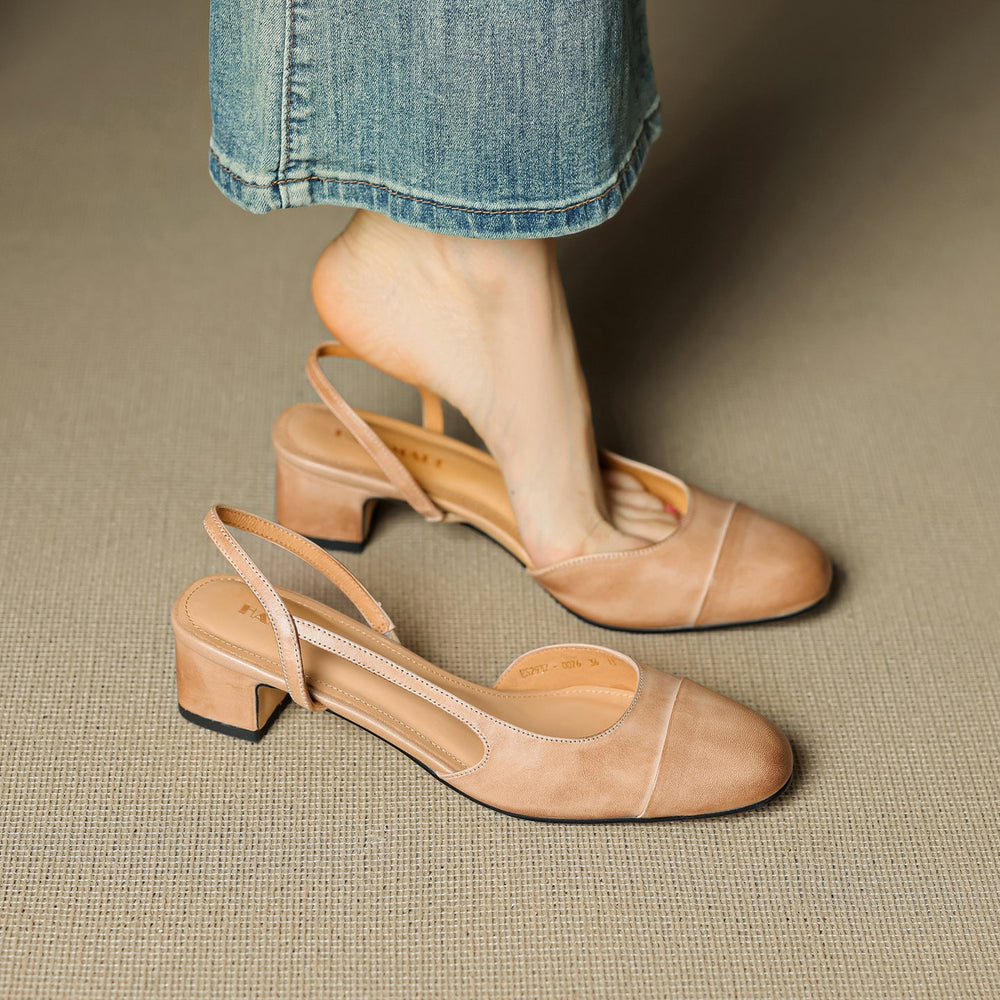 Almond Tan leather slingback heel with rounded cap toe, three-quarter view