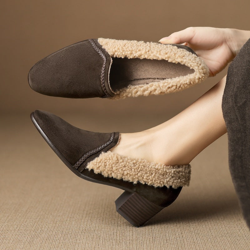 Mocha Brown suede block heel with shearling lining, three-quarter view