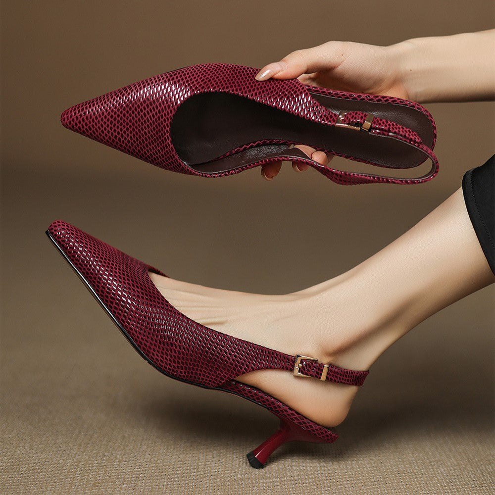 Evangeline black leather slingback heels, back view showing slingback strap