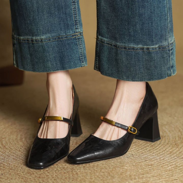 Bridget pumps, close-up of metallic strap detail