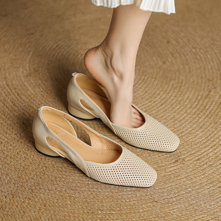 Loretta heels, close-up of perforated leather texture
