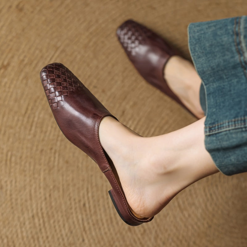 Camel Tan leather flat mule, side view of backless profile
