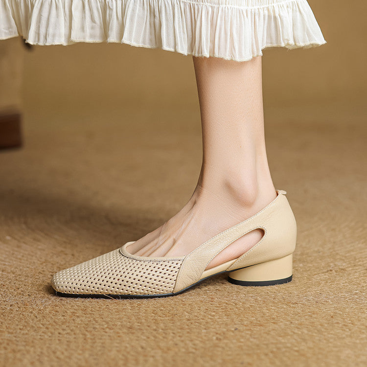 Perforated leather square-toe heels, top view of Ivory Sand pair