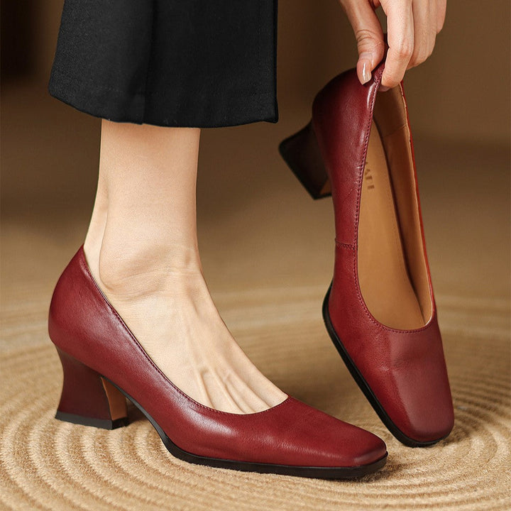 Close-up of flare heel on Gail leather pumps