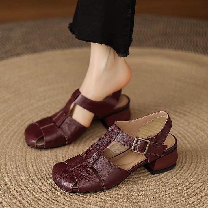 Merlot Rouge lambskin T-bar heel with cutouts, three-quarter view