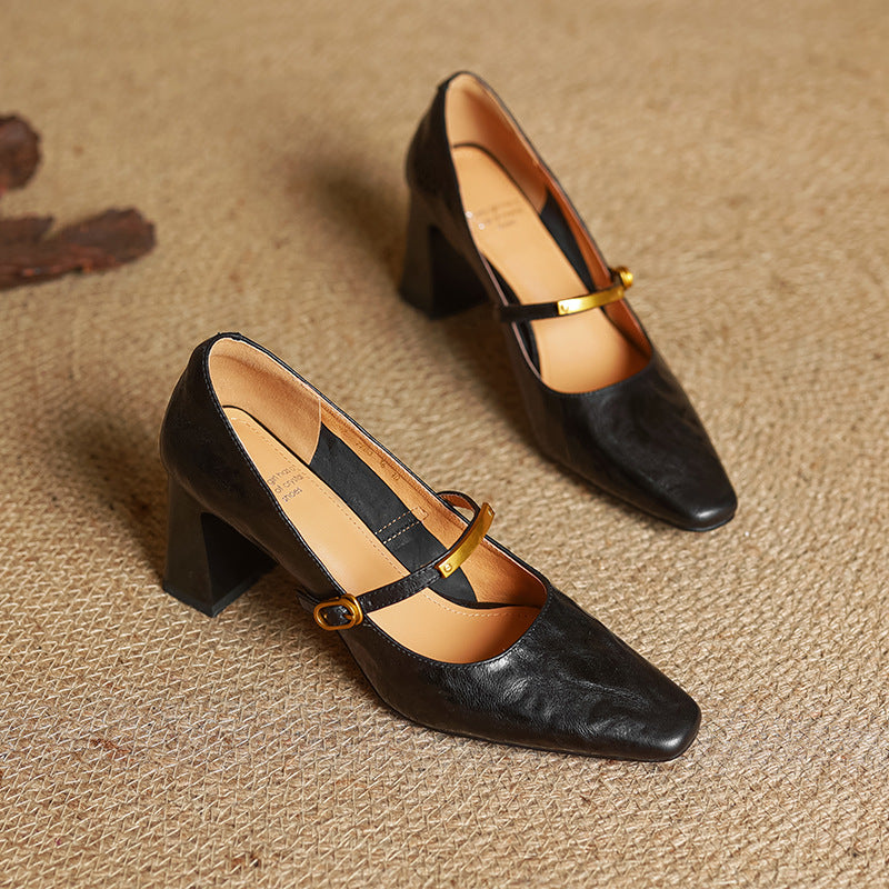 Square-toe leather block pumps, top view of Onyx Black pair