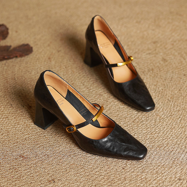 Square-toe leather block pumps, top view of Onyx Black pair