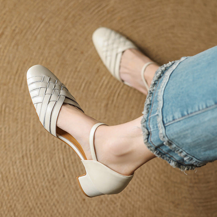 Liquid Silver woven leather ankle-strap heel, side view of block heel
