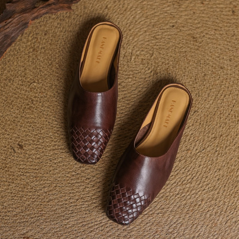 Woven leather flat mules, top view of Espresso Brown pair