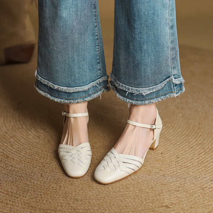 Celestine heels, close-up of woven leather front