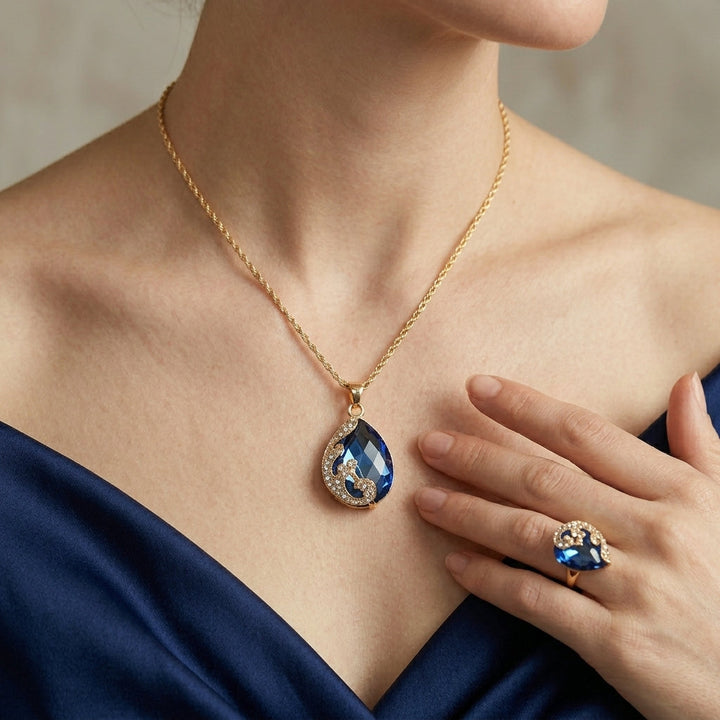 Gold Necklace and Earring Set with Blue Crystals