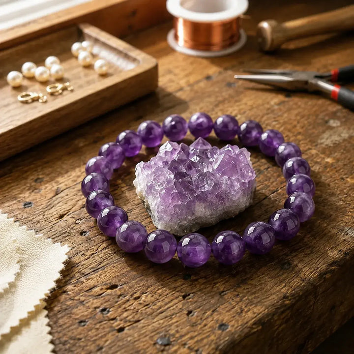 Amethyst crystal bracelet on wrist for calm, anxiety and stress relief