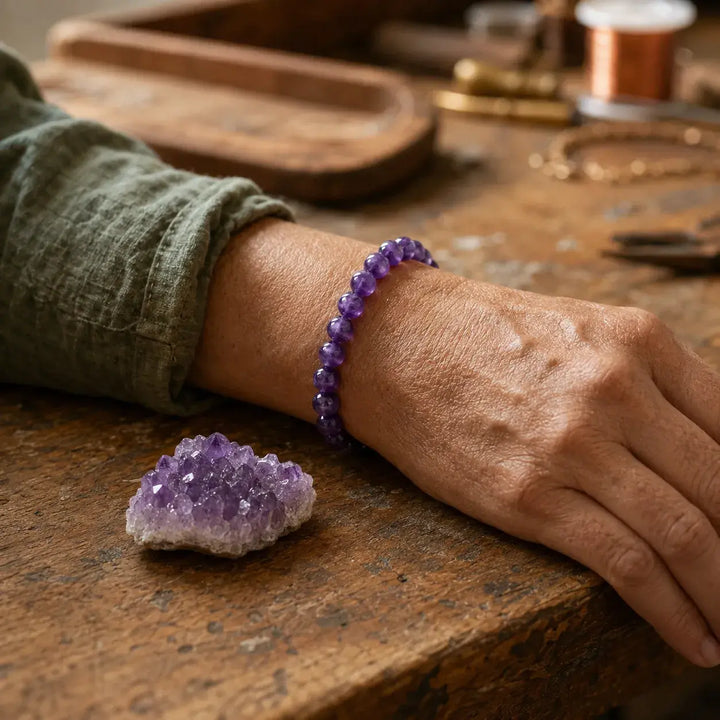 Natural amethyst beaded bracelet - February birthstone healing crystal for women and men