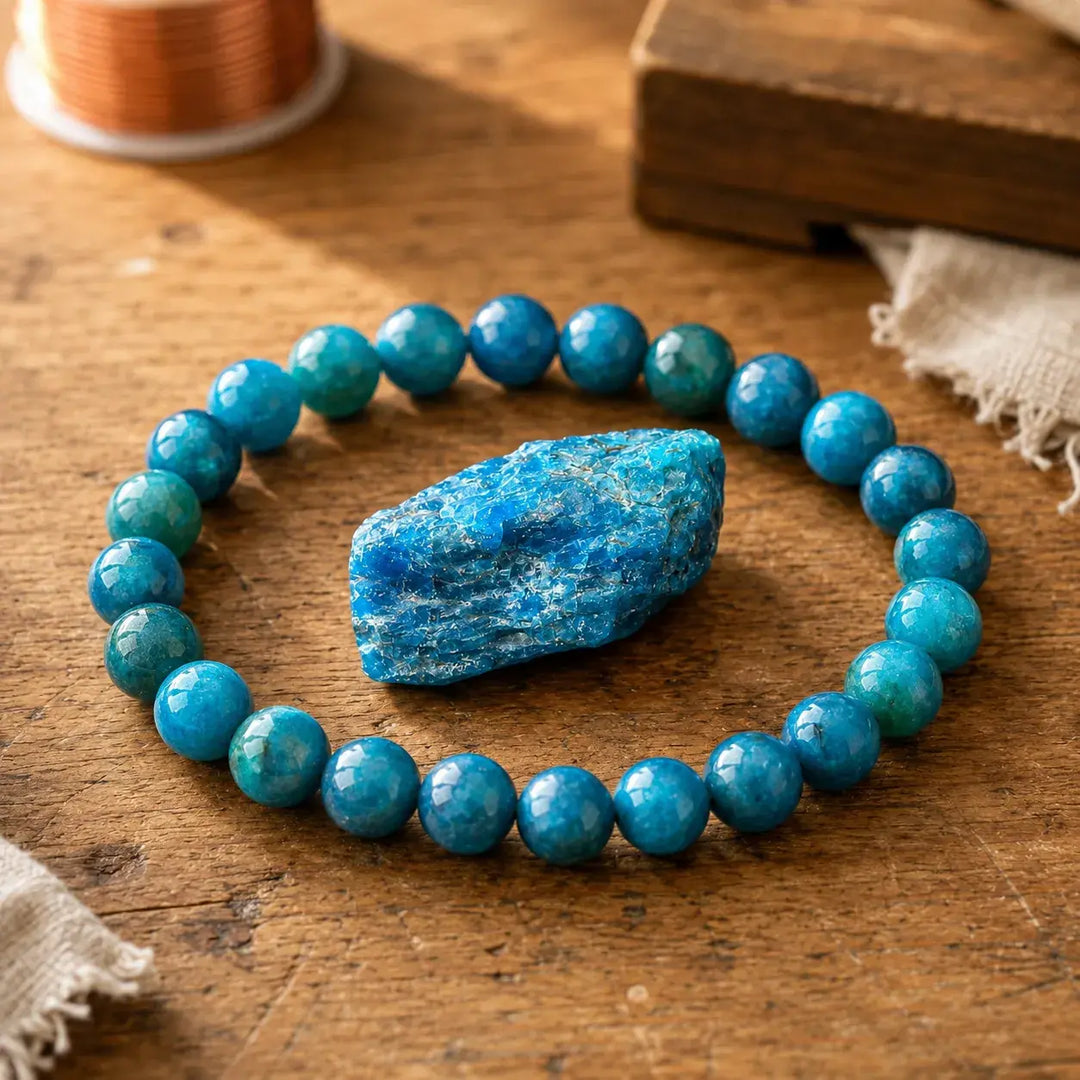 Blue apatite bracelet stacked as a complete healing crystal set
