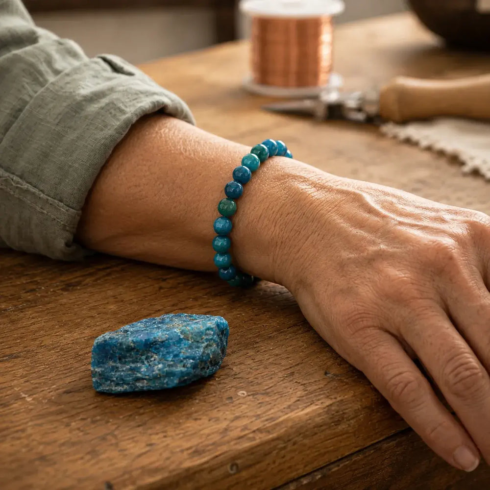Blue apatite bracelet on wrist for clarity and motivation