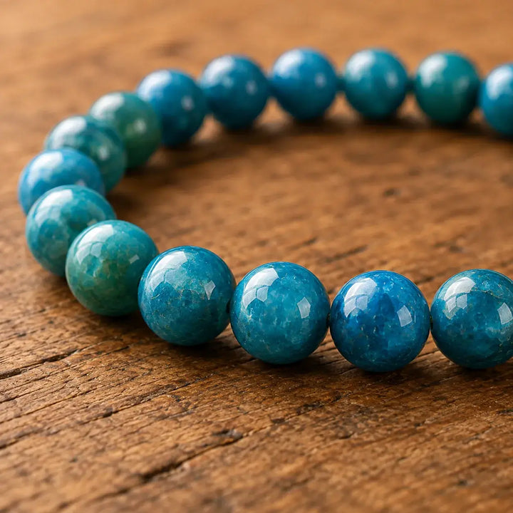 Close-up of natural blue apatite gemstone healing beads
