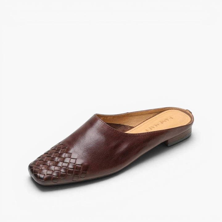 Meredith woven leather flat mules in Espresso Brown, side profile