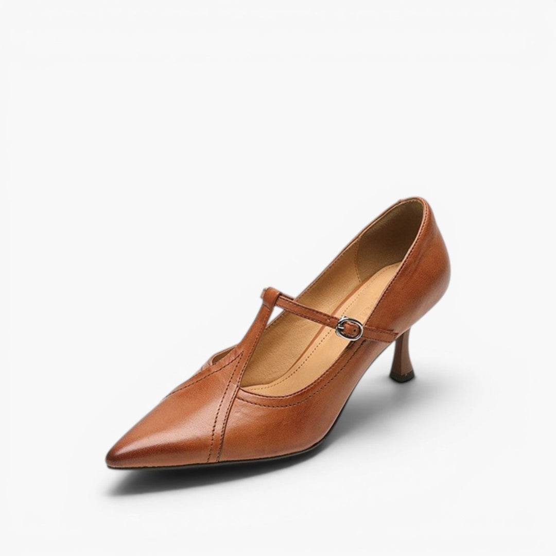 Evelyn pointed leather T-strap pumps in Chestnut Brown, side profile