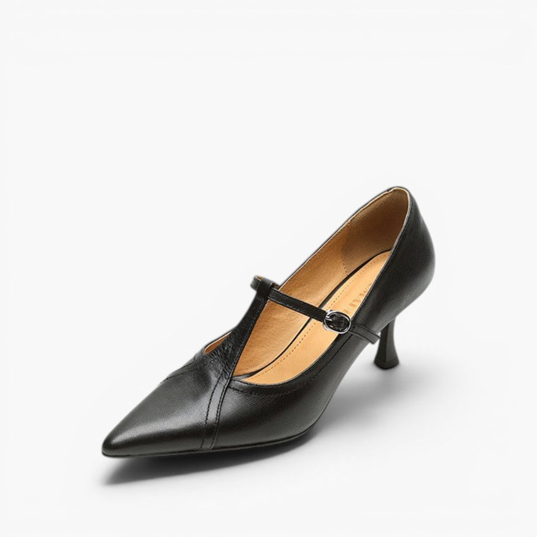 Timeless Black leather T-strap pumps, angled studio shot