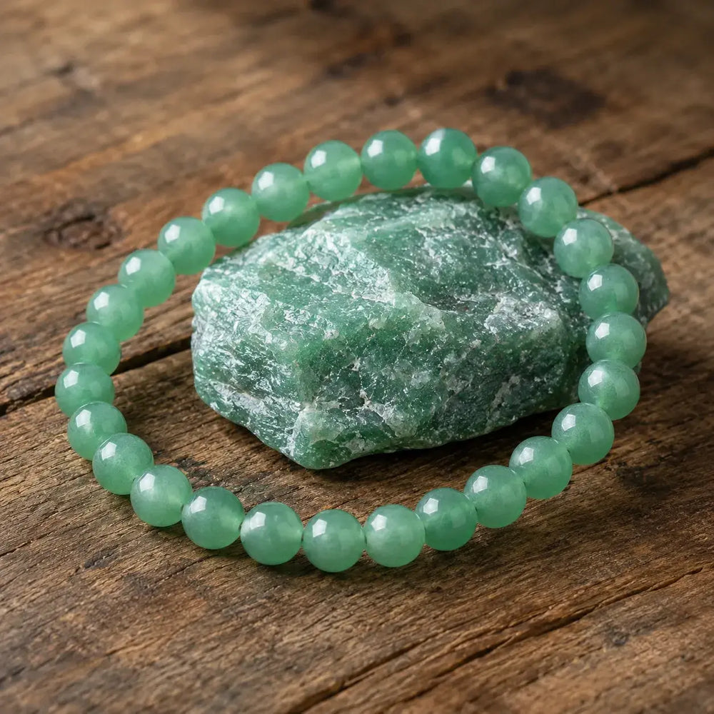 Green aventurine bracelet on wrist for luck and prosperity