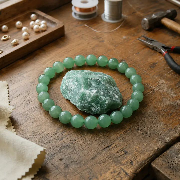 Close-up of natural green aventurine gemstone healing beads