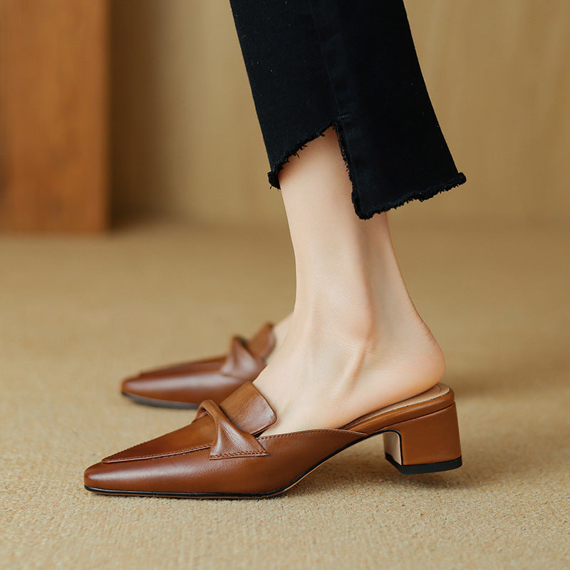 Pointed leather mule, back view showing the 1.75-inch block heel