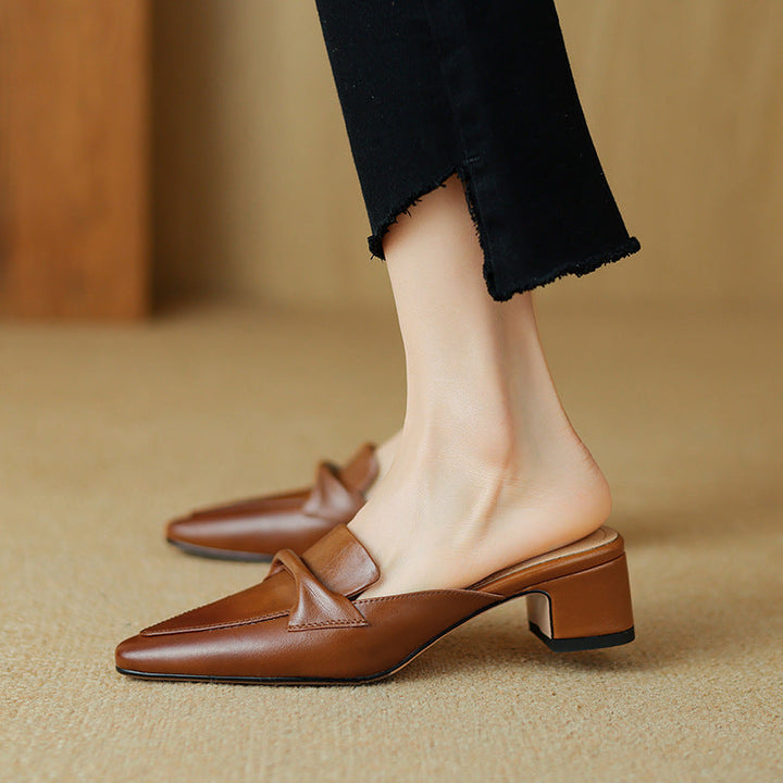 Pointed leather mule, back view showing the 1.75-inch block heel