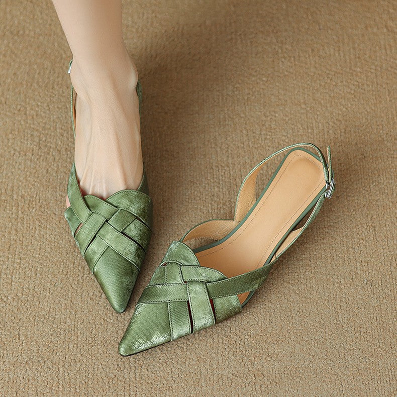 Close-up of hand-woven leather upper on a slingback heel