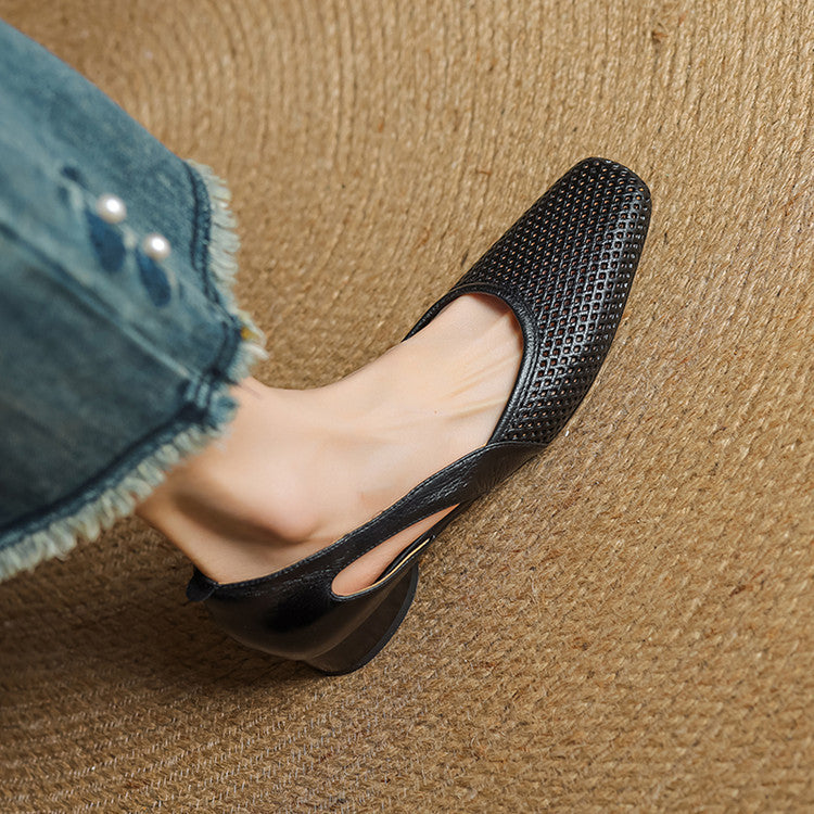 Loretta perforated leather square-toe heels, both colors side by side
