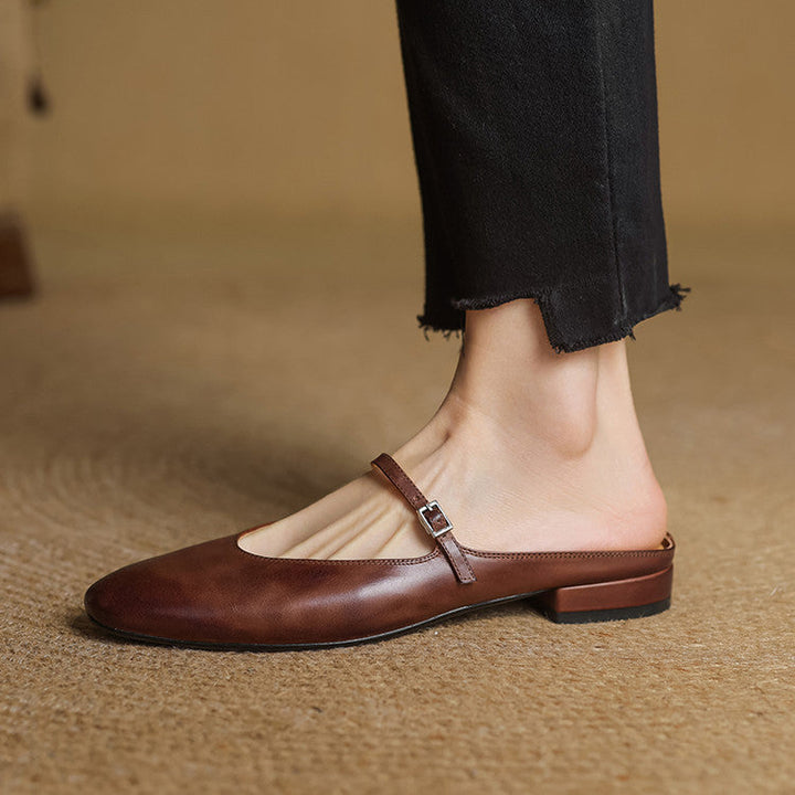 Mary-Jane leather mule, back view showing the open heel