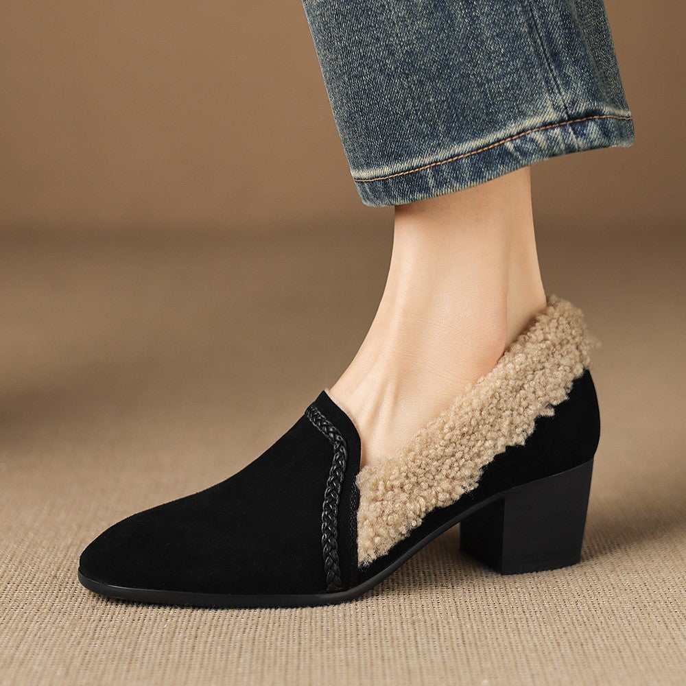 Onyx Black suede block heels, angled studio shot