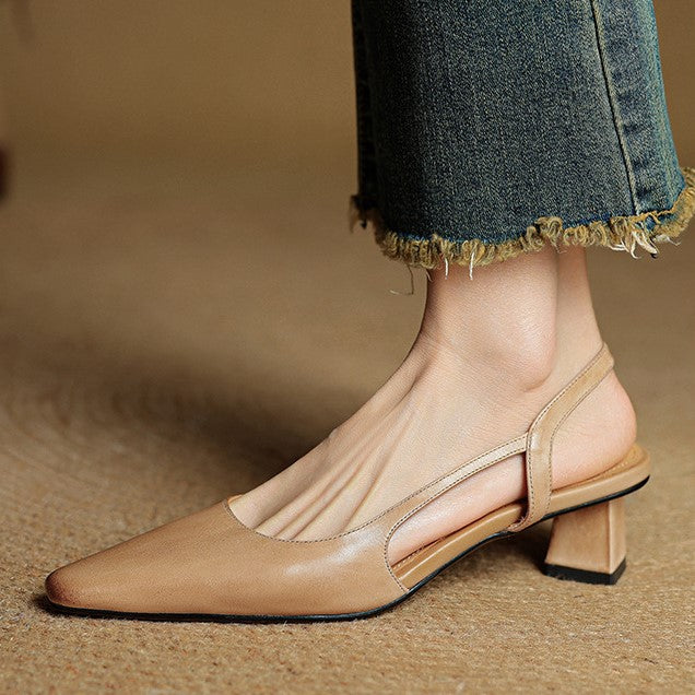 Close-up of genuine leather on an open-side slingback pump