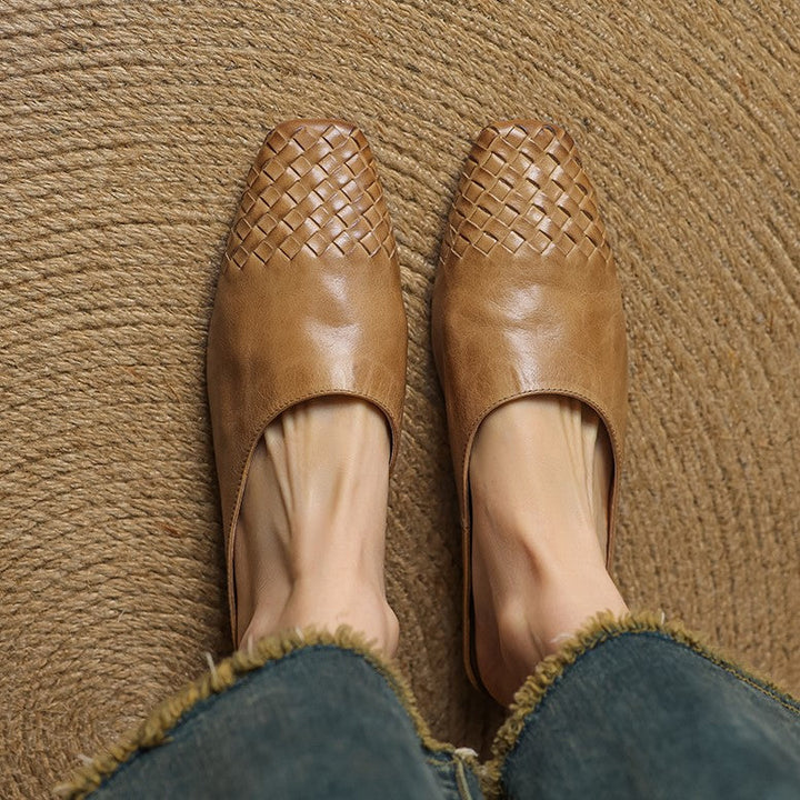 Close-up of woven front on Meredith leather mules